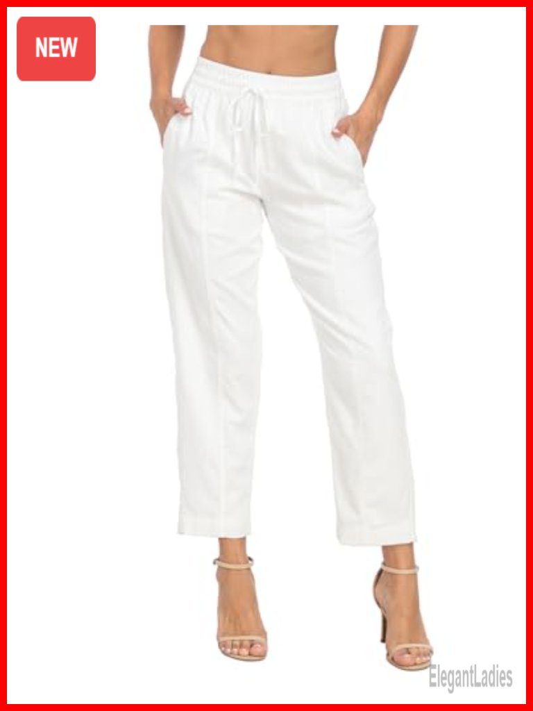 Linen Blend Pull On Drawstring Ankle Pants With Pockets